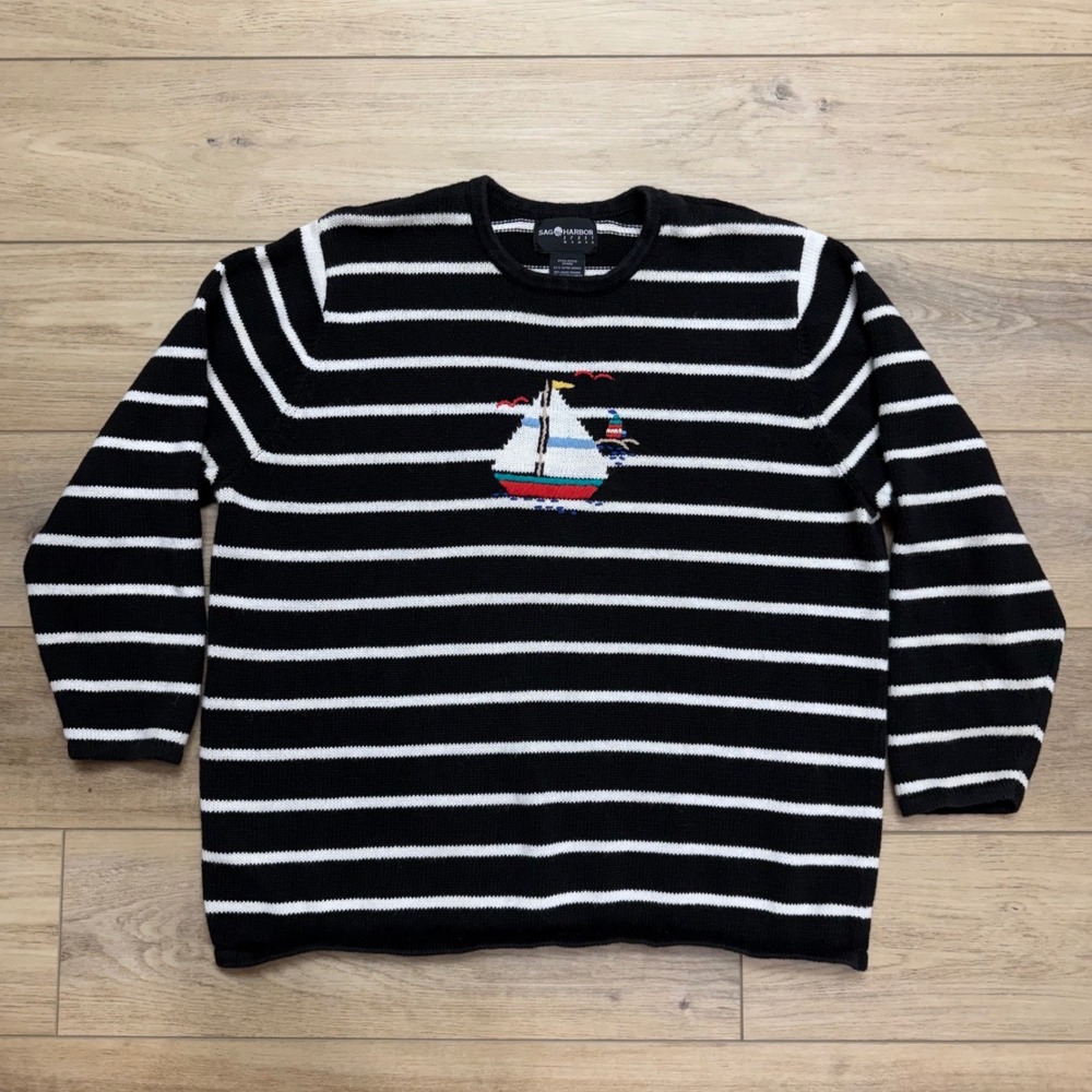 Vintage Sag Harbor Woman Striped Sailboat Beach Sweater Nautical Black White 2X
